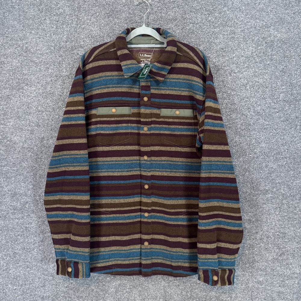 L.L Bean Shacket Shirt Mens Large T Stripe Slightly Fitted Fleece Button Up NEW